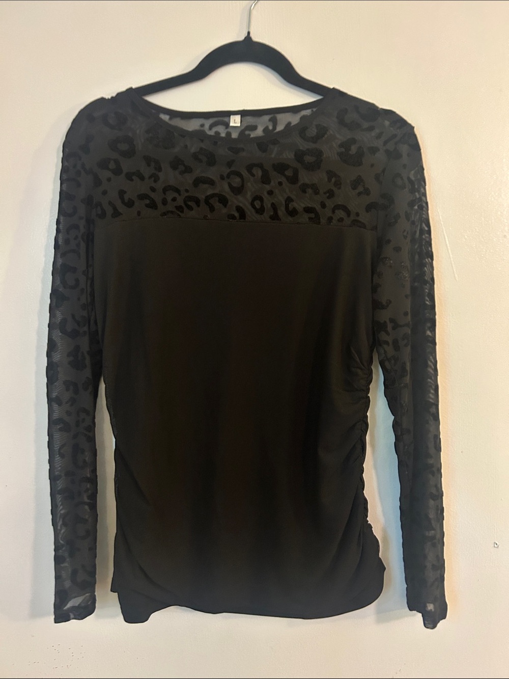 Women’s Black Sheer Leopard Accent Long Sleeve Top